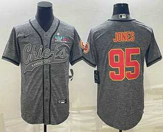 Mens Kansas City Chiefs #95 Chris Jones Grey With Super Bowl LVII Patch Cool Base Stitched Baseball Jersey